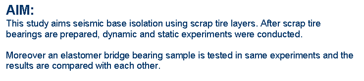 Text Box: AIM:
This study aims seismic base isolation using scrap tire layers. After scrap tire bearings are prepared, dynamic and static experiments were conducted.

Moreover an elastomer bridge bearing sample is tested in same experiments and the results are compared with each other.

